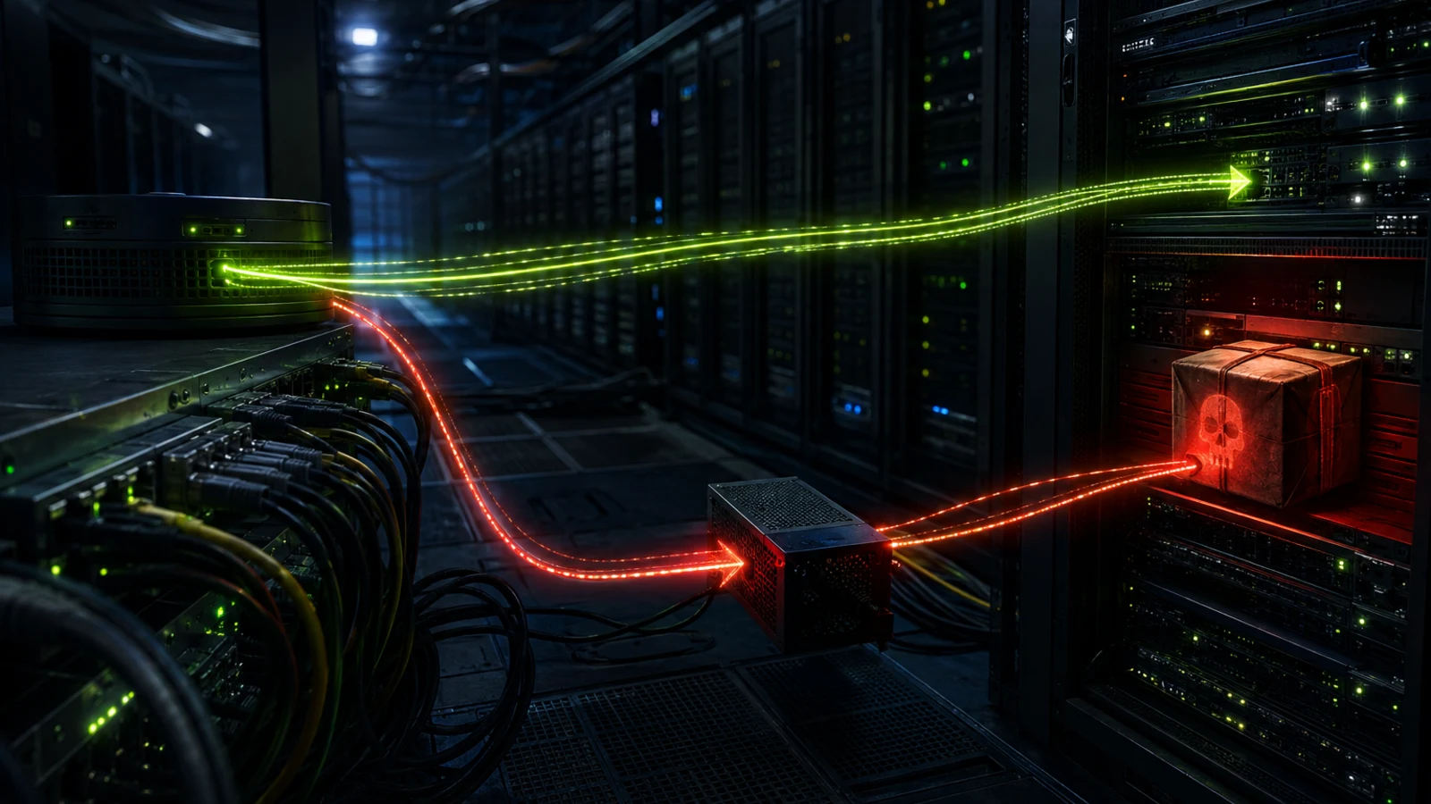 Dark data center showing a trusted green network route diverted into a malicious red path carrying a compromised server update