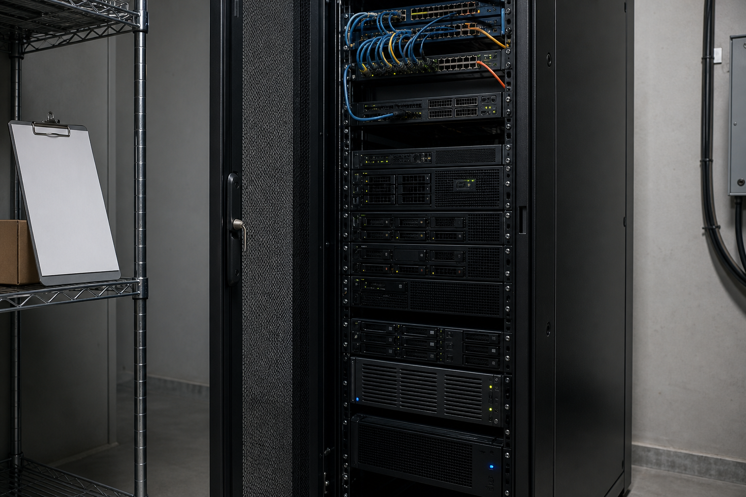 Editorial scene of a rack-mounted workflow automation server with dense ethernet cables and a blank incident clipboard in a compact server room