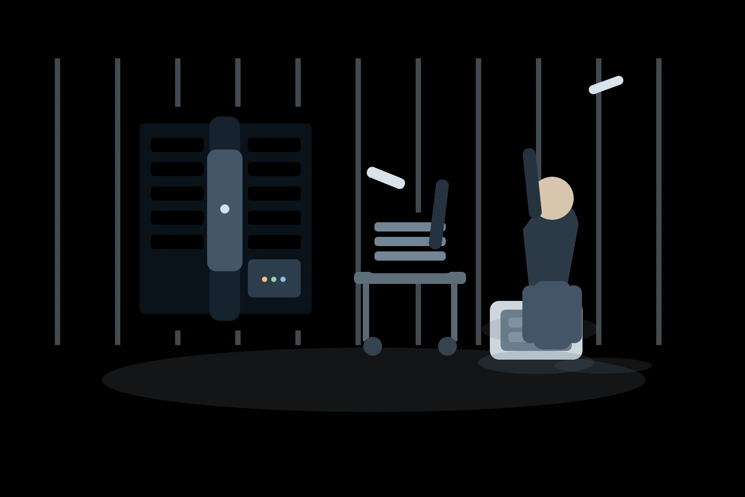 Windows Server 2022 mainstream support editorial scene with a server rack, labeled backup drives, a rolling equipment cart, and a technician preparing an upgrade in a quiet data room