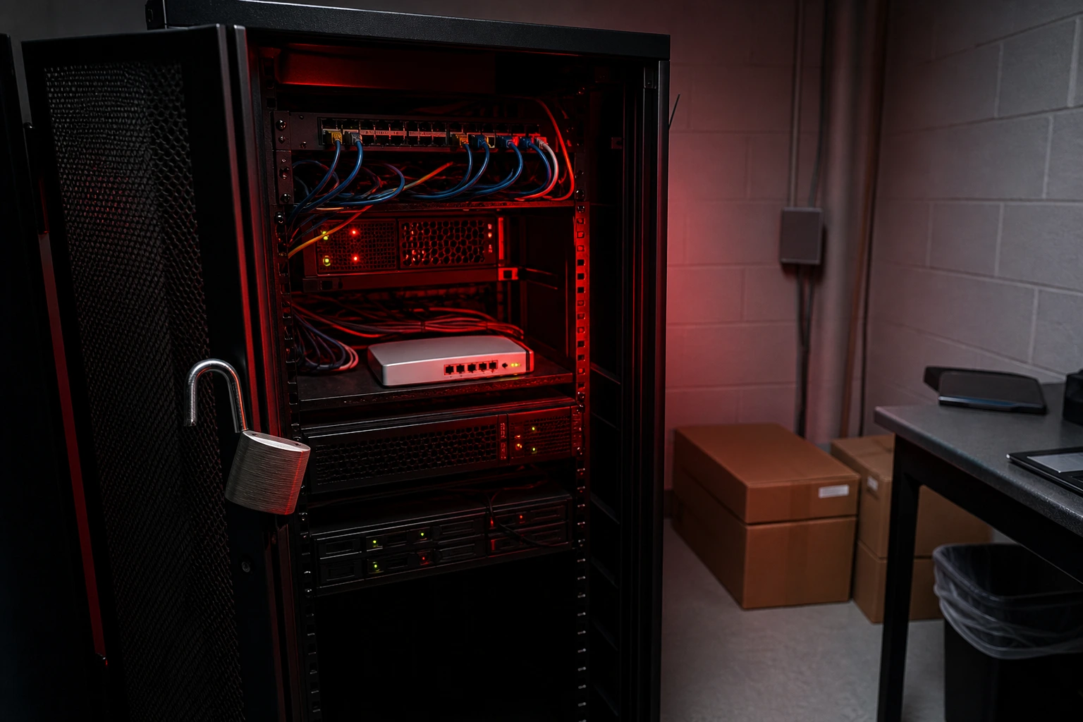 Editorial scene of a small business server cabinet with an open padlock, Ethernet cables, shipping boxes, and a red warning light representing a WordPress core RCE breach