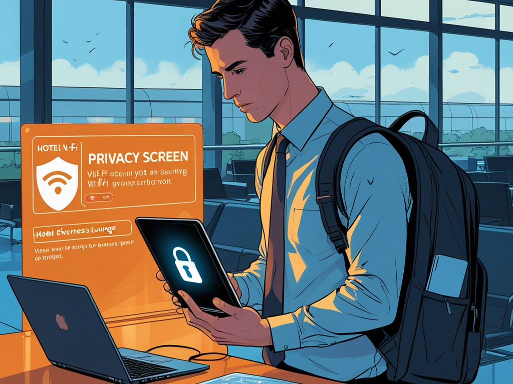 Cybersecurity illustration showing a business traveler securing a work laptop and phone in an airport lounge with hotel Wi-Fi and MFA safety cues