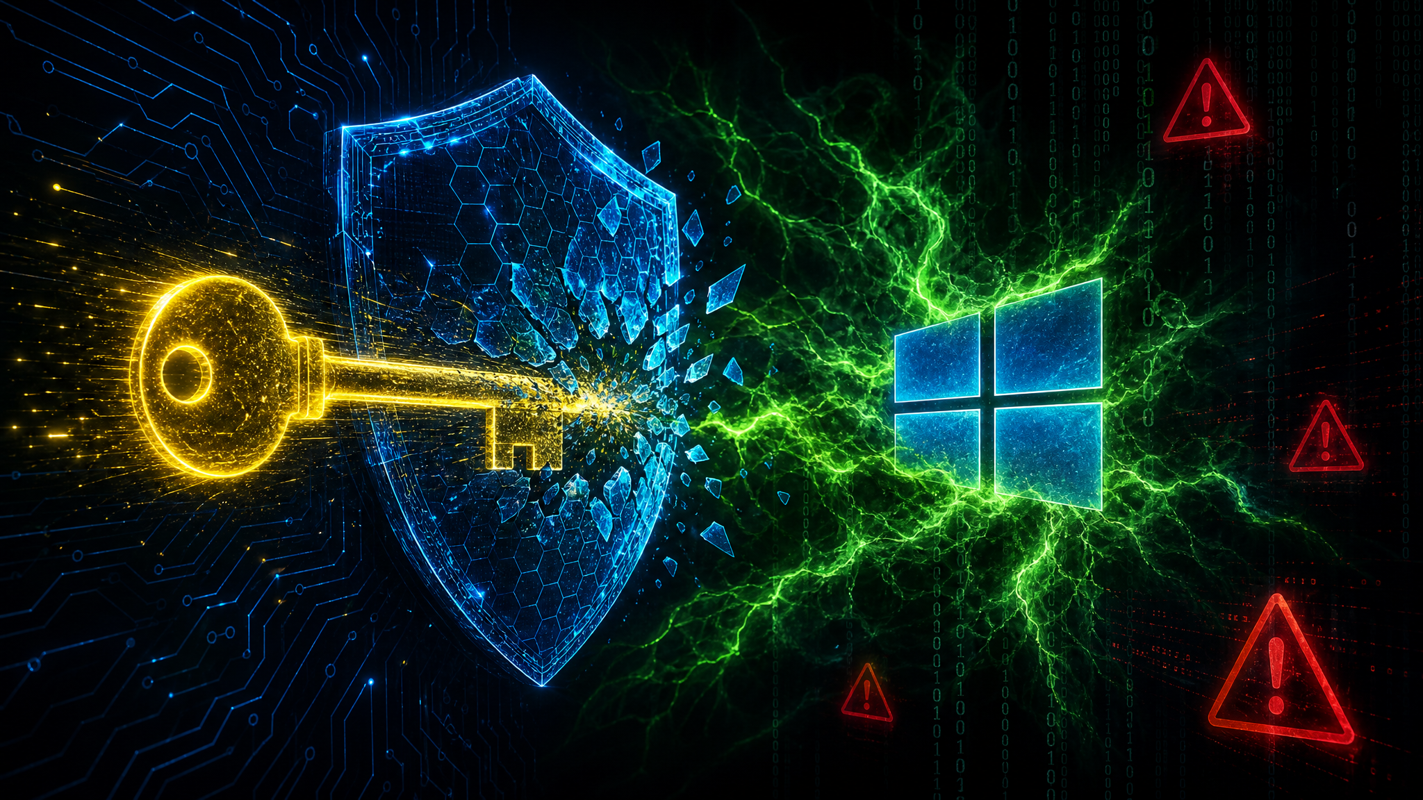 YellowKey and GreenPlasma Windows zero-day exploits visualization showing encryption bypass and privilege escalation