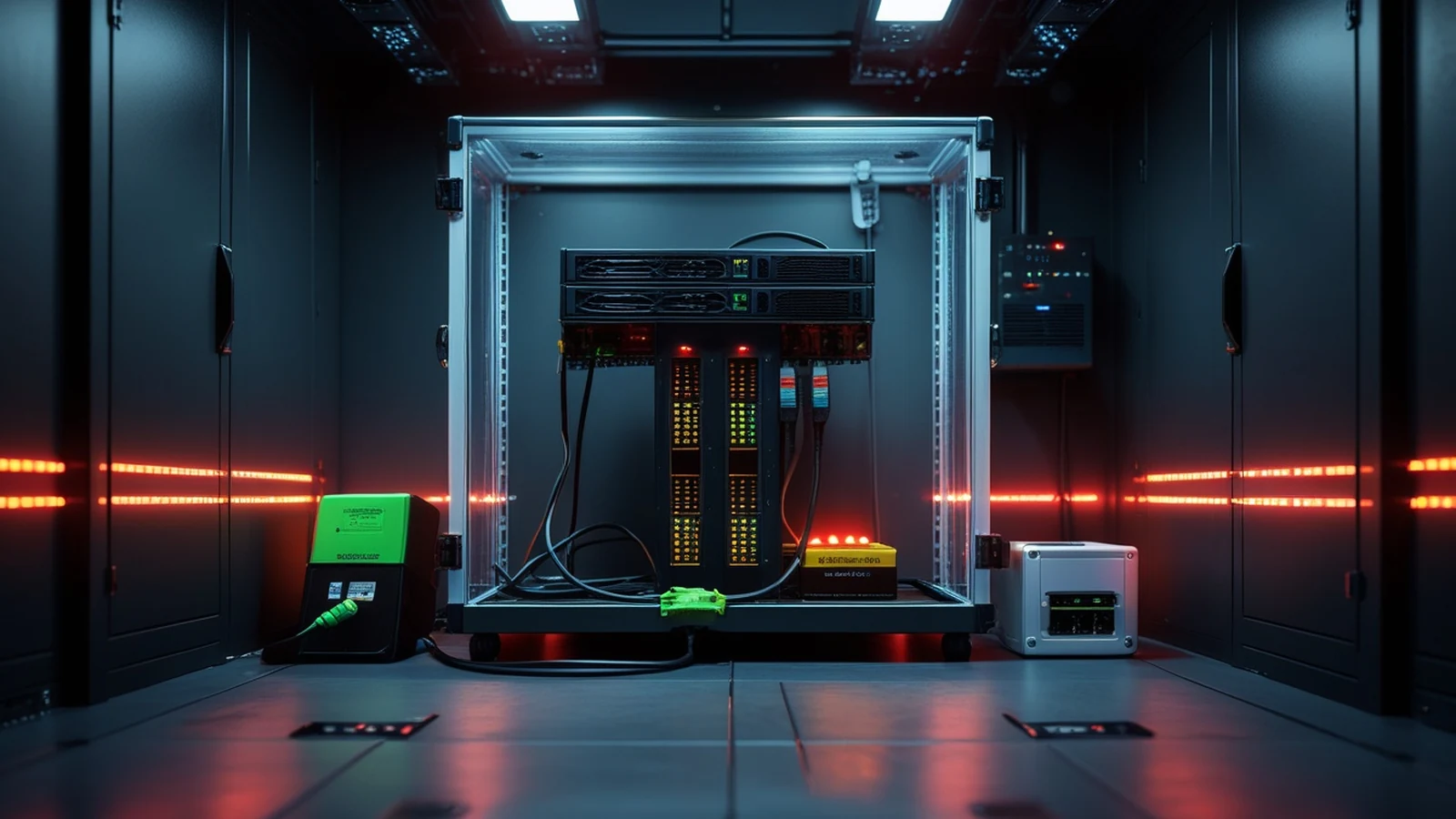 Zammad zero-days represented by an isolated helpdesk server rack with severed network paths in a dark incident response facility
